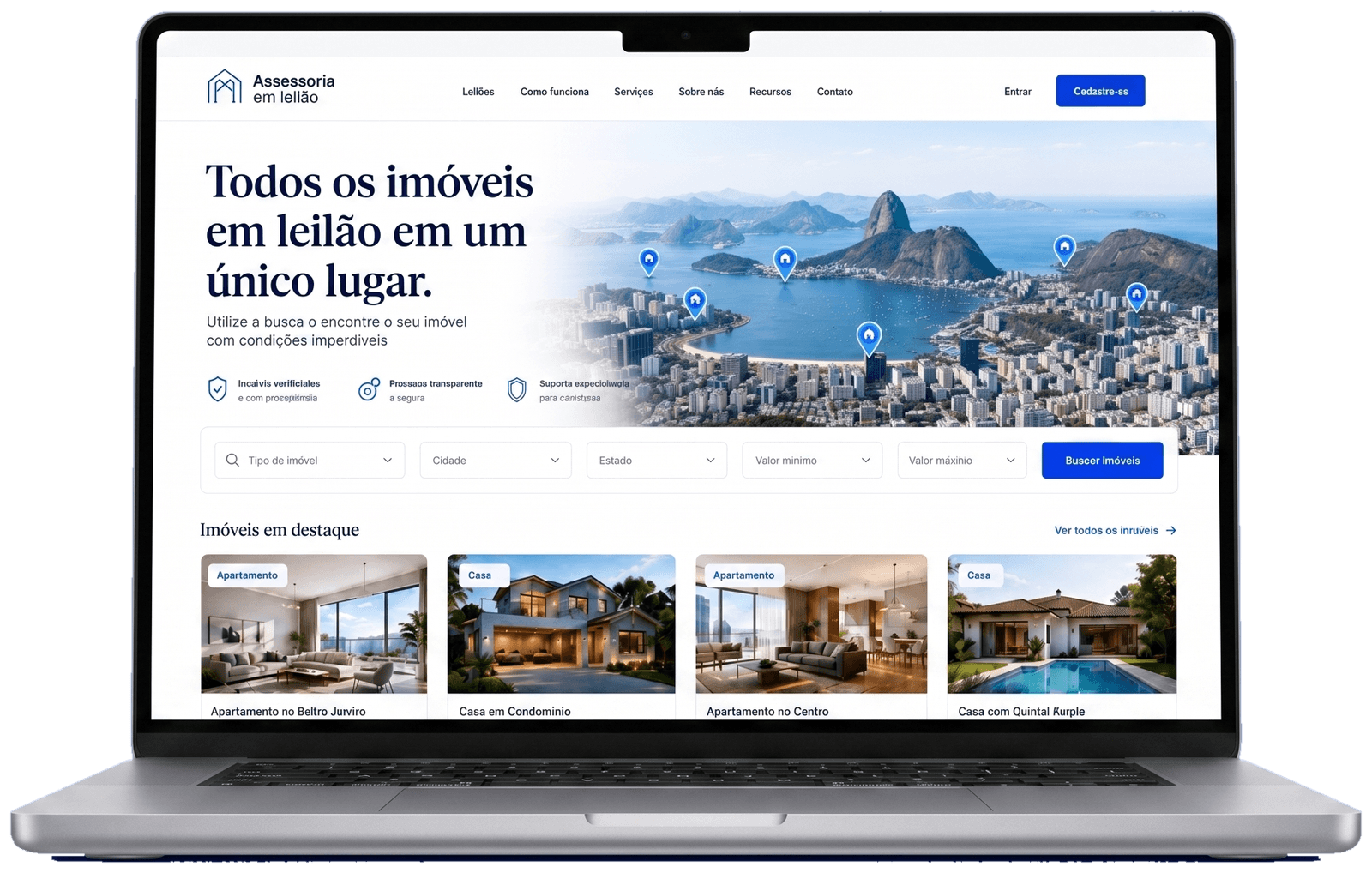 Site de imóveis em leilão com a marca da assessoria